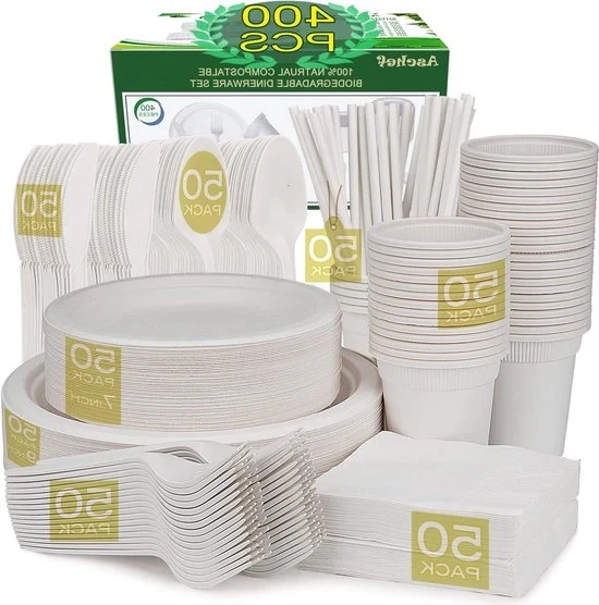 Set di Piatti Biodegradabili - 400 Pezzi Piatti in Bagasse Carta Carta Plastica Cucchiaini Forchette Coltelli Cucchiai Coperchi Rami di Saggina Fazzoletti di carta - Per Feste Campeggio 50 Persone