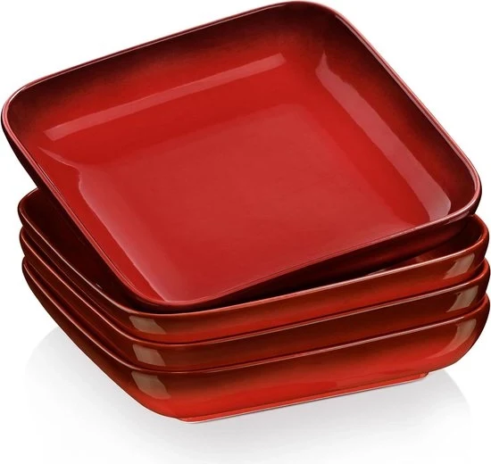 Set di Piatti a Cassetta - 4 Piatti in Ceramica 1050 ml - Piatti Quadrati per Pasta - Colorazione Rossa - 21x21x4 cm Set di Piatti