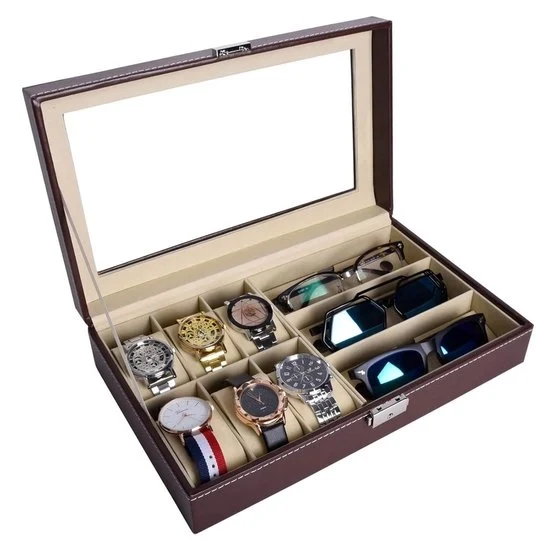 Cassa orologio e occhiali in pelle - stile elegante - 6 orologi e 3 occhiali - marrone - pelle