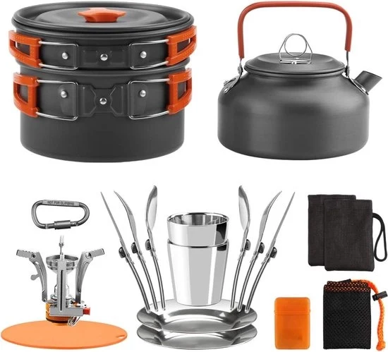 Set di cottura multifunzionale per campeggio + pentola per campeggio, sostenibile e compatta, con tazza, forchetta e cucchiaio per pescare, sopravvivere, escursionismo, outdoor, picnic
