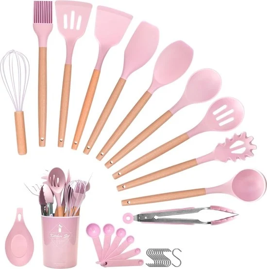 Kit di aiuto in cucina, 29 pezzi di utensili in silicone per la cucina con supporto per utensili, rivestimento antiaderente, manico in legno termoresistente, set di cucina, cucchiaio, ciotola, spatola, spatola per padella, set (rosa)