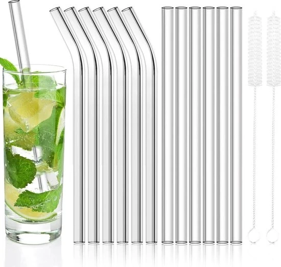Set di stecchi di vetro riciclabili 12 pezzi - stecchi di vetro retti e curvi con pennelli per la pulizia - resistente alla lavastoviglie - 21,5 cm - per bicchieri per cocktail gin Stecchi di vetro
