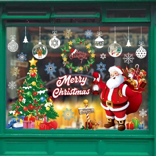 Sticker per finestra grande - Babbo Natale albero di Natale - fiocco di neve scatola di regalo riutilizzabile doppia faccia sticker per finestra per decorazione natalizia (rosso e verde)