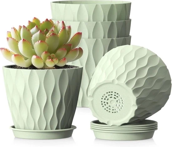 Set di 5 Vasi di Fiori Verdi 10,2 cm | Piccoli Vasi di Plastica per Piante con Fessure di Scarico e Coperchi | Tessuto di Onda 3D | Per Piante Grassicce, Cactacee e Piante da Interno