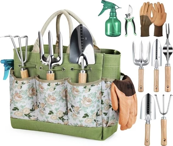 Set di attrezzi per giardinaggio: Resistente alla ruggine, Ideale per il giardiniere uomo e donna, Compreso rasoio e sacchetto di stoccaggio portatile (9 pezzi)