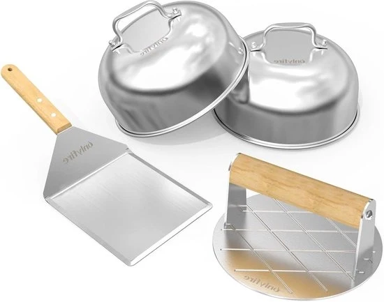 Set di forchette in acciaio inossidabile per griglia - Kit di accessori per barbecue - Spatola per barbecue - Pressa per smash burger - 2 cupole di fusione - Accessori per barbecue - Hamburger deliziosi - Panini - Steaks di pancetta - Smash burger