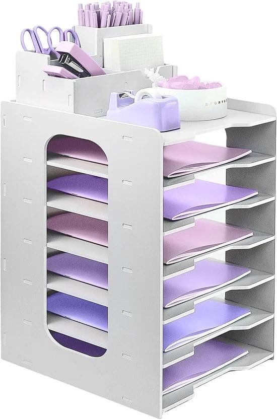 Organizzatore di cartelle - archiviazione A4 - 7 strati - bianco - con contenitore per penne