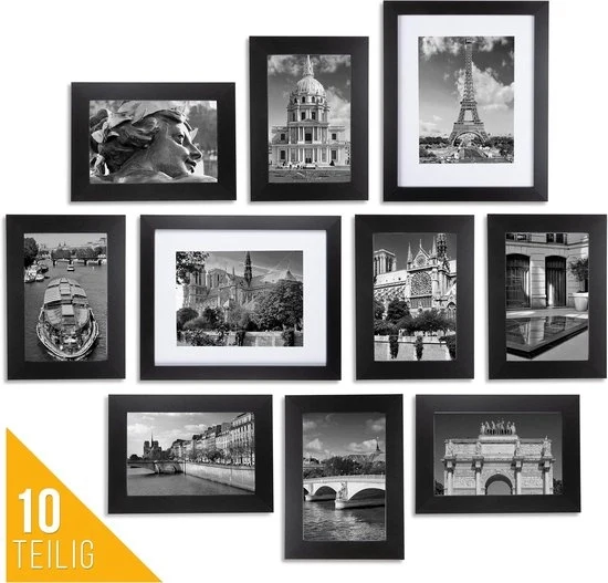 Set di 10 cornici per foto - collage nero - diversi formati - legno