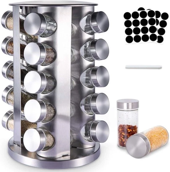 Kruidierecipe con 20 contenitori di erbe - 360 gradi rotativo - argento - acciaio inossidabile