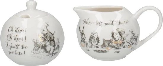 Set di bicchieri e zucchieri decorati con illustrazioni - 2 pezzi - bianco - fine porcellana - 18x7,5x7 cm