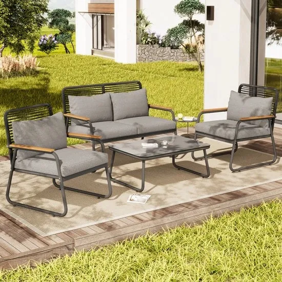 Set di Banchi da Giardino - Vetro Temprato - Gambe Regolabili - Struttura in Acciaio Galvanizzato - 4 Posti