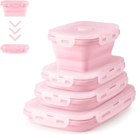 Lunchbox Opvougbile in Silicone - Adatto per la Conservazione degli Alimenti - 4 Pezzi - Rosso - Silicone