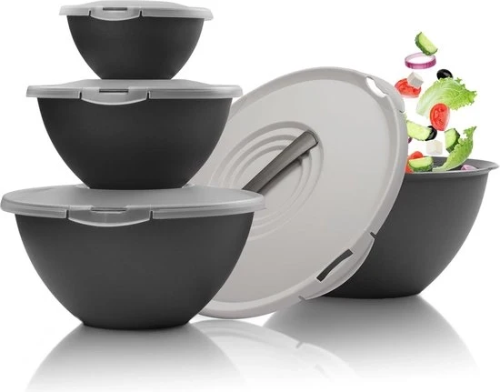Insalatiera Kompletto Grande, 8 pezzi, set di contenitori e coperchi in plastica BPA libera, contenitori con coperchi (8 pezzi, antracite/grigio)