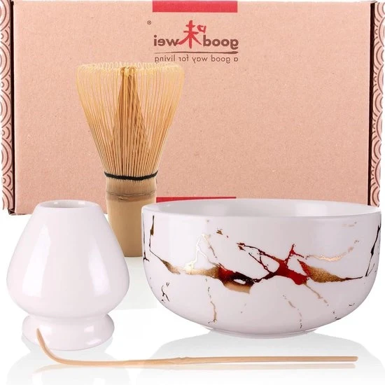 Set per la Cerimonia del Tè Giapponese | Scudetto di Matcha Moderno - Martelletto di Matcha e Supporto per Chasen - Marmo Bianco - 120 Set
