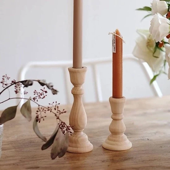Set di Candelabri in Legno - Aspetto Naturale - 2 pezzi - Legno di Betulla - 12/17 cm