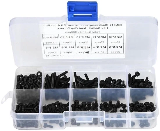 Set di viti e dadi a 6 punte in acciaio laminato, M2.5 x 3-20mm, 300 pezzi, colore nero.