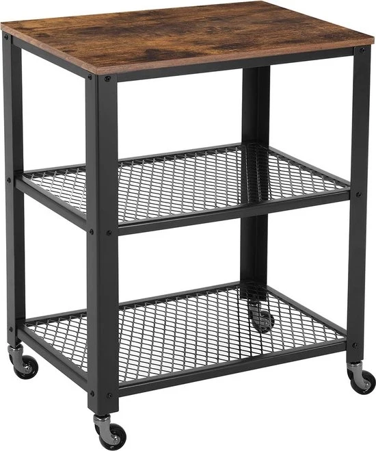 Carrello di servizio per selfie, mobile cucina, cabina cucina, mobile cucina, carrello, piano cucina su 4 ruote, telaio in acciaio, 3 piani, per cucina e soggiorno, Carrello di servizio per ospiti, design industriale, stile vintage marrone-nero
