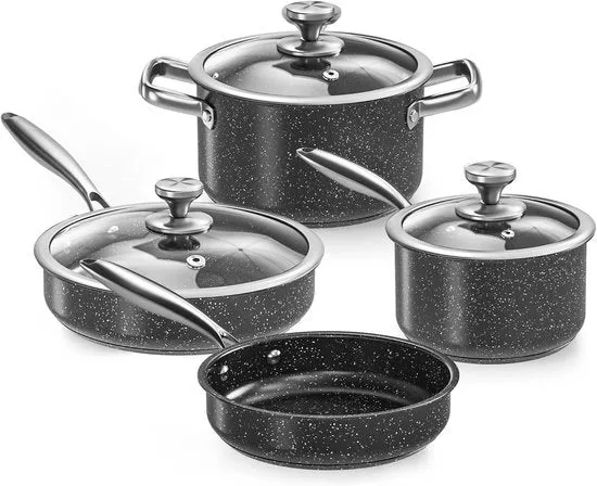 Set di pentole in acciaio inossidabile - Antisudatura - 7 pezzi - Pietra granito