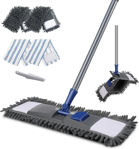 Dweil inclinabile a manubrio pieghevole - 128 cm - 4 pad di microfibra chenille - raschiatore di pavimenti