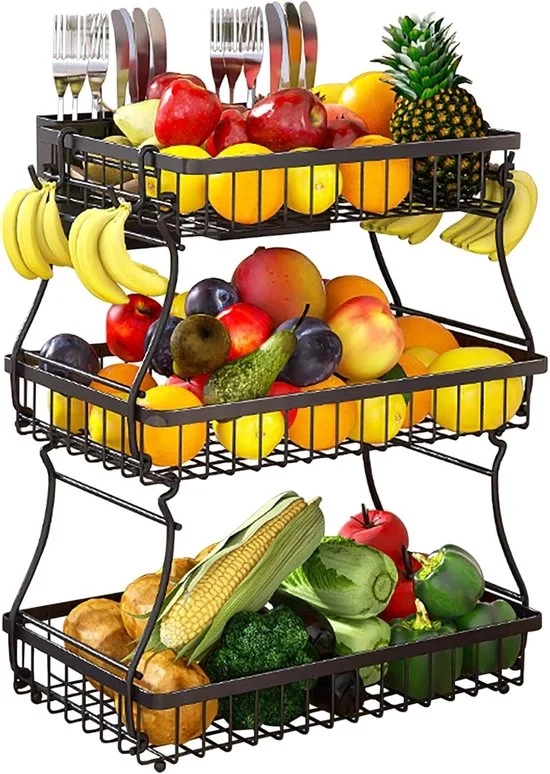 Fruitiera Metallica con Ganci per Banana - Ideale per Cucina e Salotto - 3 Strati Nero - Demontabile