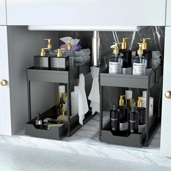 Organizzatore per bagno a 2 cassetti con chiusura a righello - 2 pezzi organizzatore per bagno a 2 livelli - cassettiera a scomparsa con organizzatore per bagno a 2 livelli - cassetto multifunzionale per raccogliere oggetti per il bagno (nero)