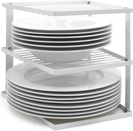 Porta piatti per ripostiglio in armadi cucina - Organizzatore porta piatti angolare - 25x25x19cm - Porta piatti bianco