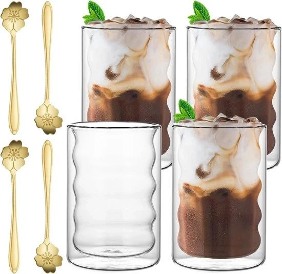 Set di 4 Tazze in Vetro a Doppia Parete per Caffè - 375ml Tazze per Espresso - Include 4 Cucchiai - Ideali per Latte Macchiato Cappuccino Birra Tè Cappuccino