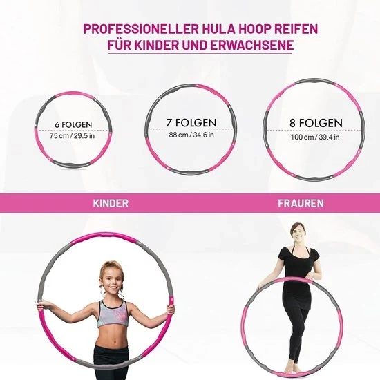 Hula Hoop per adulti e bambini - imbottitura soffice - fitness per perdita di peso massaggiante - 6-8 sezioni rimovibili hula hoop - grigio rosa - 75-100 cm 12 kg