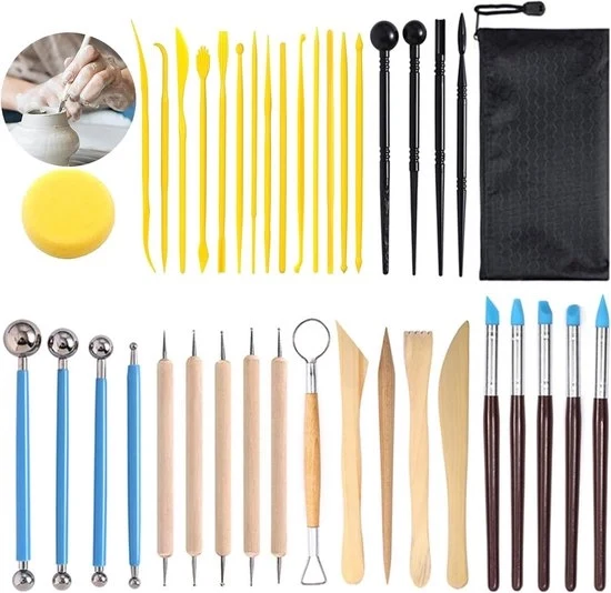 Set di 38 strumenti per scultura con lastra di conservazione e grembiule - Stilo a sfera, strumenti a punti, strumenti ceramici, attrezzo per la lavorazione della ceramica per grattare, sbattere e modellare