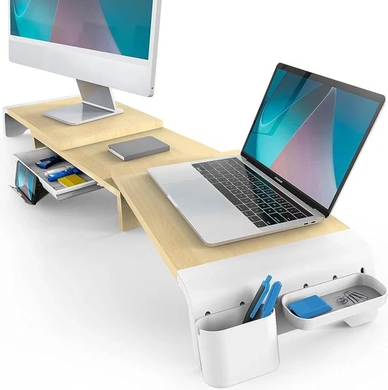 Stand per doppio monitor con 3 pannelli - Regolabile in altezza e angolo - Organizzatore per scrivania 107cm - Cassetto con chiusura a scomparsa - Orecchini per tablet e telefono - Sollevatore per laptop - in eichen