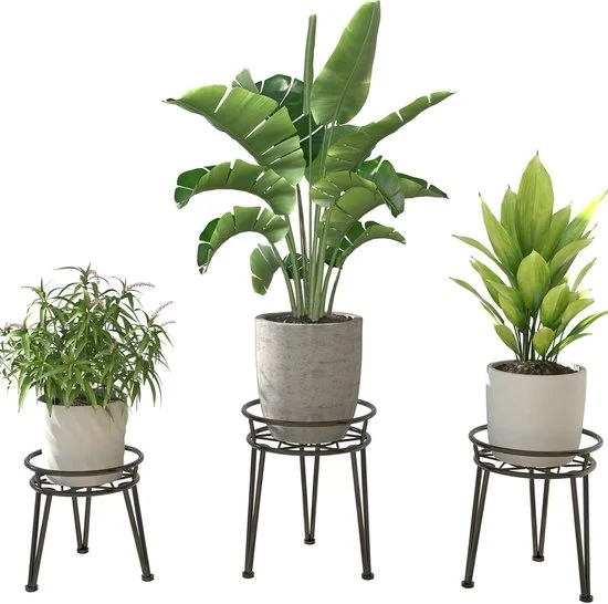 Supporto per piante a forma rotonda - contenitore per fiori in metallo - 3 pezzi - nero - inox