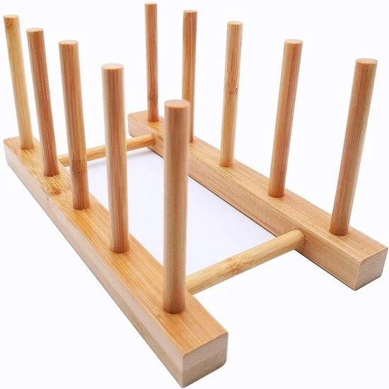 Pannello di legno in bambù e asciugamano per contenitore a cassetta per contenere piatti e tegami - organizzatore con 4 alloggiamenti per piatti e contenitore per tegami e piatti.
