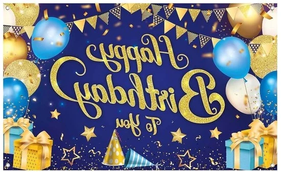 Banniere di Compleanno & Foto Sfondo - Blu e Oro - Poster di Auguri 110 x 185 cm - Decorazione di Festa per Feste di Bambini e Adulti