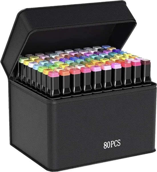Set di 80 Stifili in Velluto Doppia Faccia - 1 mm & 6 mm Punta - Inumidificanti - Incluso Cassetto di Raccordo Nero - Per Disegni, Manga e Progetti Creativi