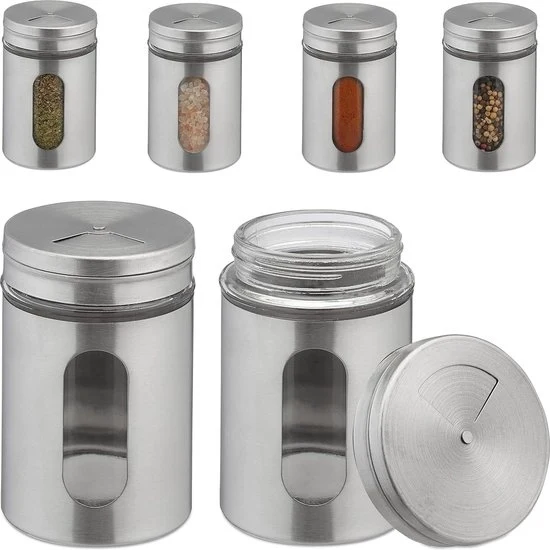 Set di contenitori per erbe da 6 - 290 ml contenitori XL da scuotere - Acciaio inossidabile e vetro - Argento