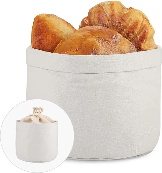 Contenitore per pane con coperchio e cordino - Diametro 20 cm - Tas per pane in cotone - Beige - Impermeabile contenitore per pane