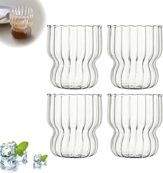 Set di Tazze per Espresso da 4 pezzi - 300 ml Tazza a Vetro a Nastri con Strutture per Caffè - Acqua Tè Bevande Frutta Birra Cappuccino