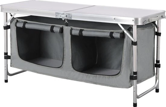 Tavolo da picnic - Tavolo pieghevole - Camping - Alluminio - Con contenitori di stoccaggio - Bianco/Grigio