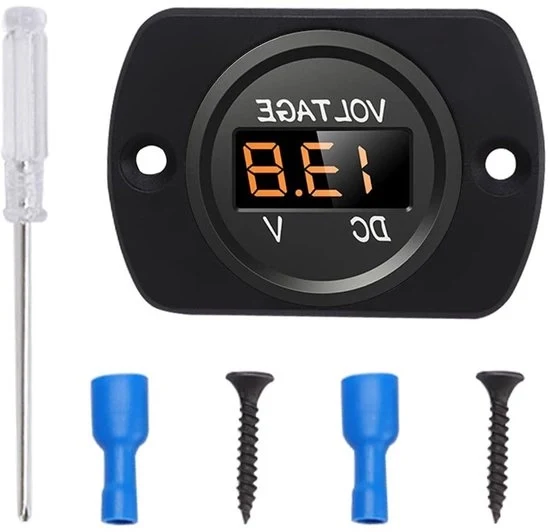 Voltmetro Auto Acqua-Resistente 12V 24V con Display Digitale a LED e Pannello di Montaggio - Tester di Tensione Circolare per Barca Nautica Veicoli Motori Motocicli Camion Autocarro ATV UTV Arancione