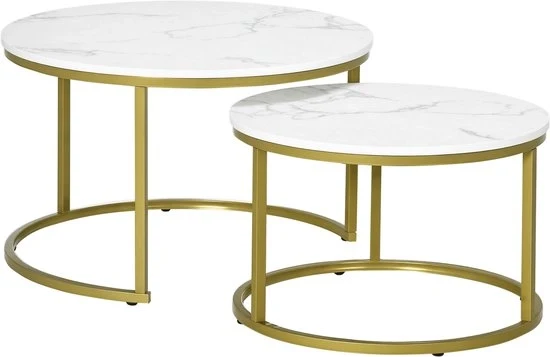 Tavoli Salotto - Ronde - Aspetto Marmo Bianco - Supporti in Acciaio Oro - 2 Pezzi