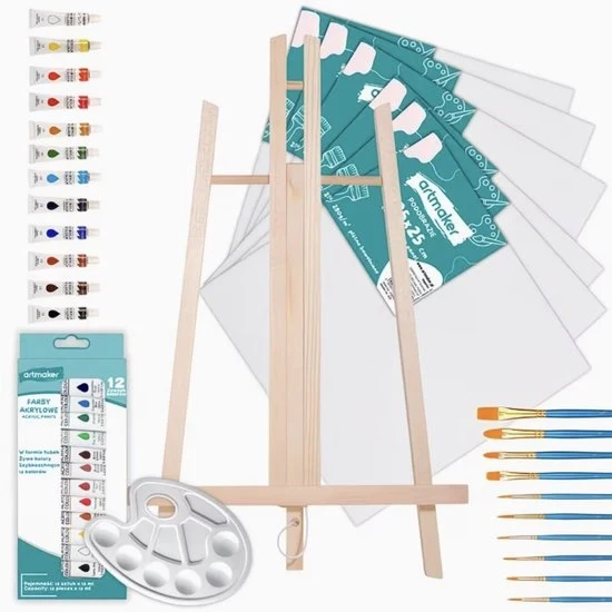 Set di Pittura XXL con Tavola di Legno 50 cm – 6 Tovaglioli di Canapa 25x25 cm – 12 Colori di Acquaragia (12 ml) – 10 Pennelli & Paletta – Set Completo di Pittura per Principianti e Esperti – Regalo in Scatola di Lusso