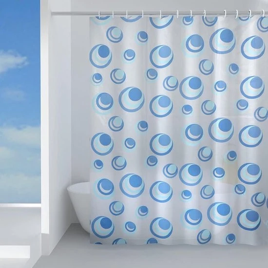 Douchegordijn in stoffa luce azzurra con 12 anelli, dimensioni 120x200 cm, garanzia 2 anni.