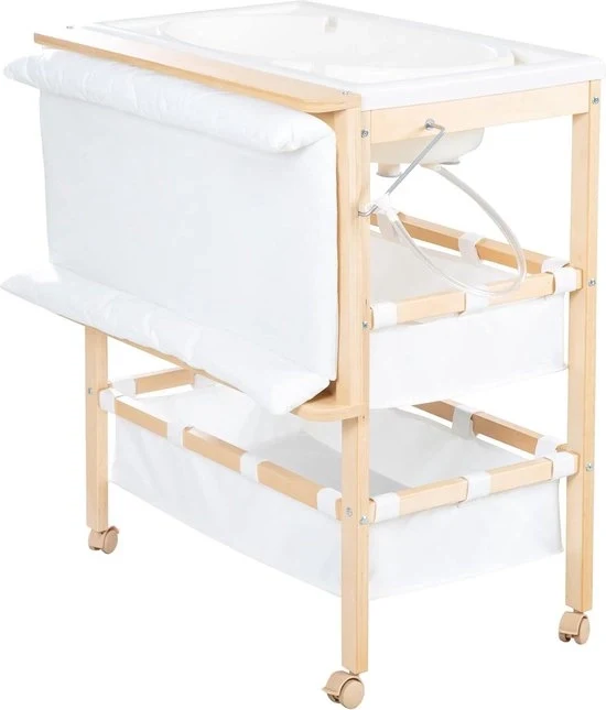 Combinazione di lettiera pieghevole con vasca in legno naturale, inclusa la coperta per il lettino bianca - Vasca per Bambini