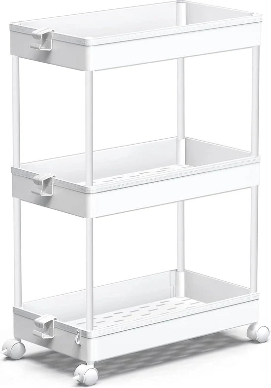 Carrello di archiviazione a 3 livelli, estrazione del carrello su ruote, scaffale di archiviazione su ruote, organizzatore multifunzionale per ufficio, cucina, camera da letto, bagno, zona lavanderia e comò, bianco