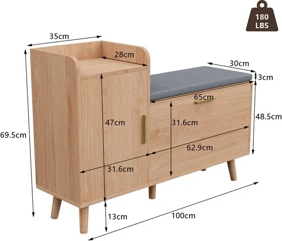 Cassettiera per scarpe - Legno - Cassettino apribile - Spazio di stoccaggio - Panca per scarpe