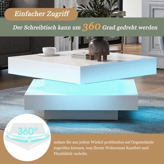 Tavolo salotto - Piatto ruotabile - 16 colore LED - 70x70x36 cm - Finitura lucida