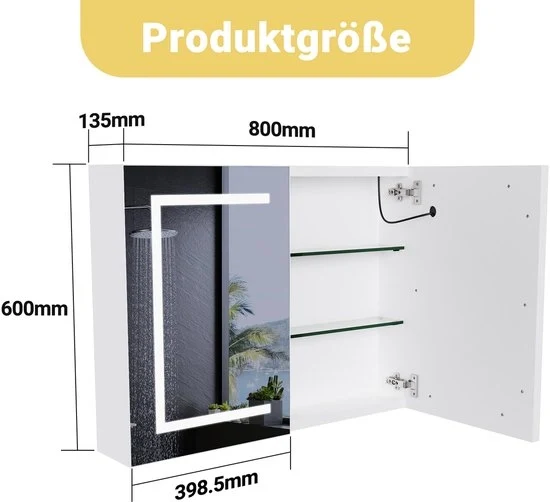 Cassa da bagno intelligente - Illuminazione LED - Montaggio a parete - 80x60cm - Bianco