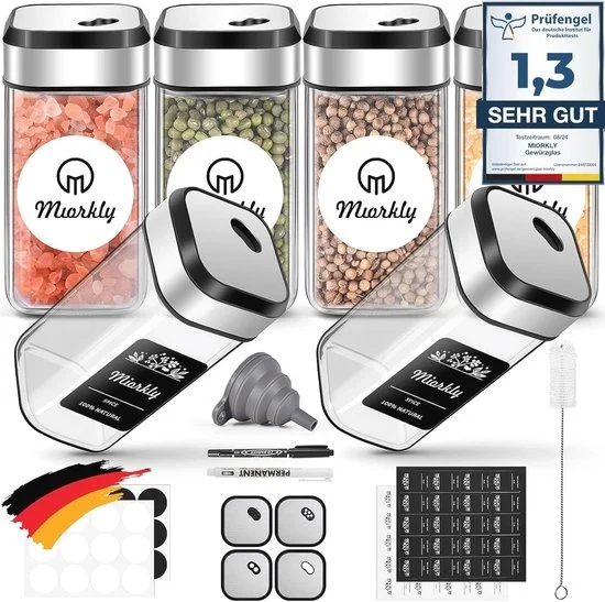 Set di 6 contenitori per erbe con dispositivo di dispersione - contenitore per erbe in vetro - 120 ml - coperchio rotativo - etichetta - AN222 - Contenitori per erbe quadrati
