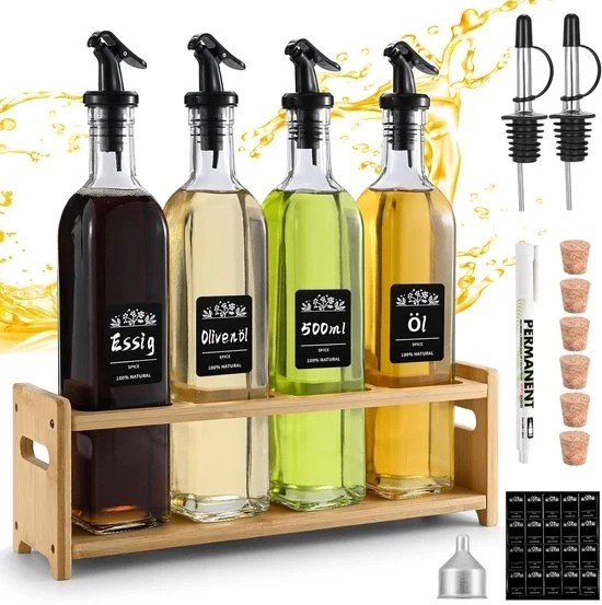 Set di Flaconi di Olio e Aceto in Vetro - Design Elegante - Set da 4 - Sicuro per l'Alimentazione
