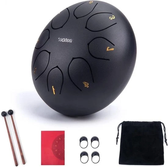 Tong Drum in Acciaio 6 Pollici 8 Note Chiave di Do Strumento Percussivo a Mano con Kit di Accessori e Libro di Musica Mallets (nero)